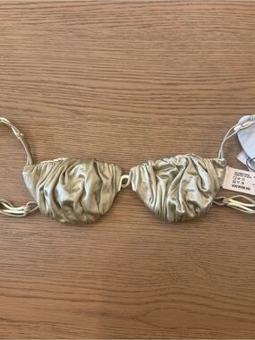 Isa Boulder Satin Ruched Bikini Top in Pale Gold